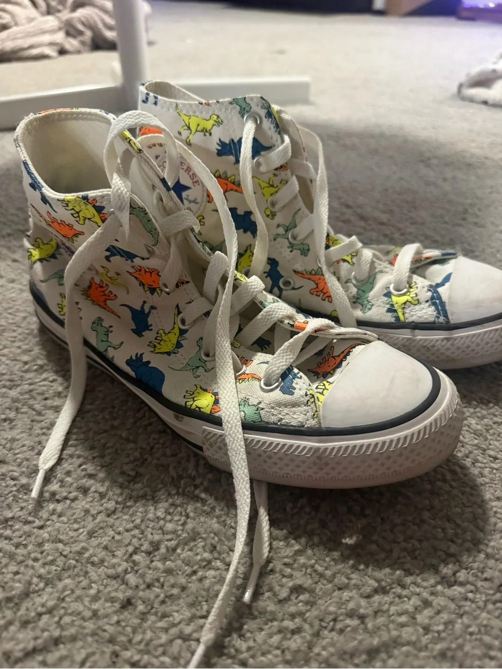 White High-Top Sneakers with Colorful Dinosaur Print